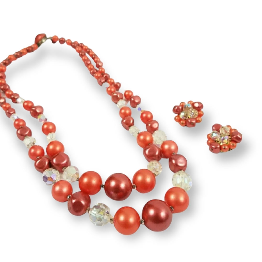 Vintage Acrylic Pearl Bead Necklace Earring Set
